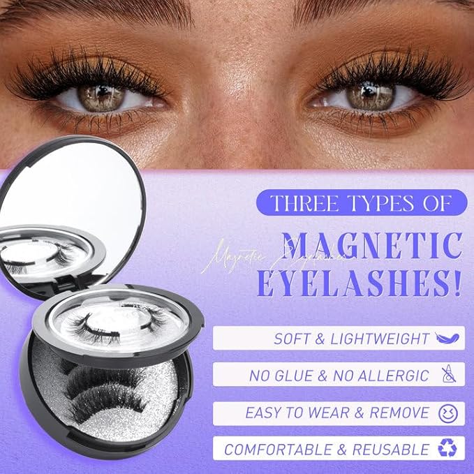 Natural Magnetic Eyelashes with Applicator Reusable Magnetic Lashes without Eyeliner 3 Types Eyelash Kit Clear Band Lashes False Eyelashes by Lvmixwig