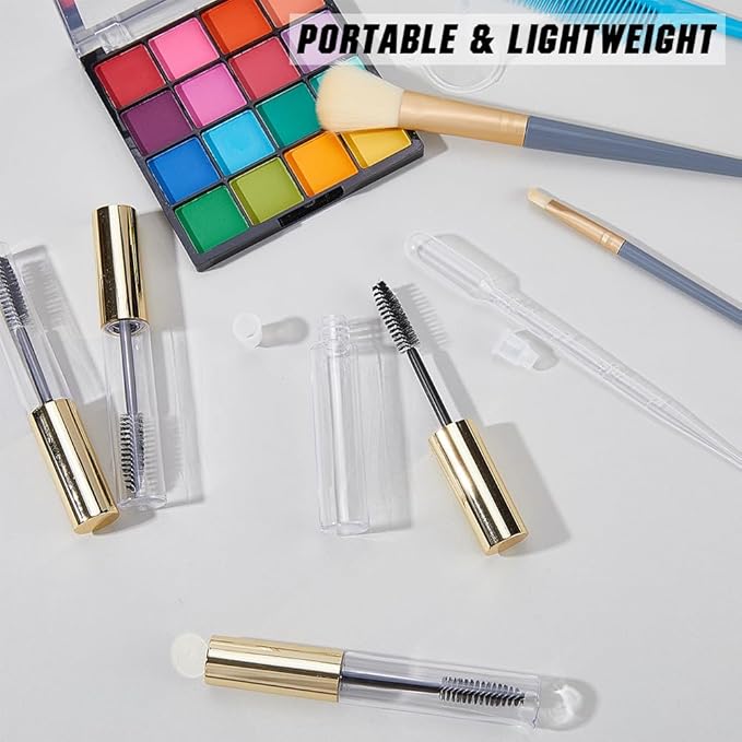 GORGECRAFT 10Pcs 10ml Empty Mascara Tube Bottle Transparent Plastic Eyelash Wand Containers Bottles with Rubber Inserts 4Pcs 2ml Dropper 2Pcs Mini Funnel Hopper for Castor Oil DIY Cosmetics Kit Gold