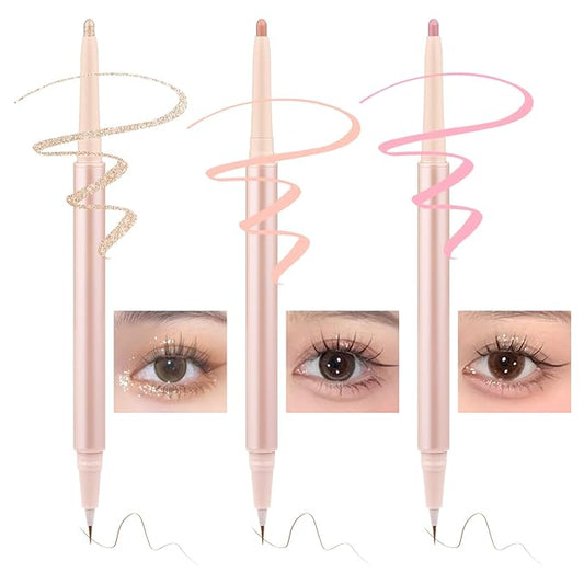 3PC Dual Ended Highlighter Makeup Pen, Glitter & Matte Nude EyeLiner & Eyeshadow, Liquid Contour Liner 2 in 1 Eye Make Up Stick, Mulit-Funtional Long Lasting Lying Silkworm Pencil Set