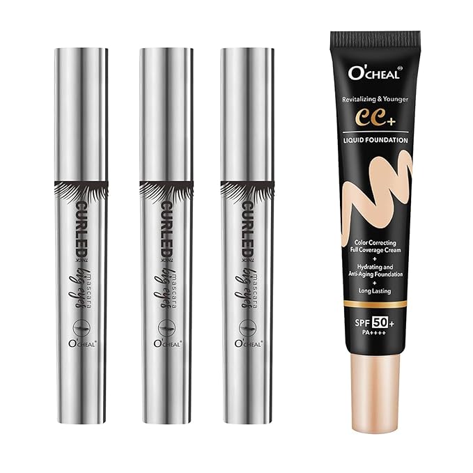 O'CHEAL Full Coverage Lightweight Natural Color CC Cream and 3PCS Black 4D Telescopic Mascara Waterproof