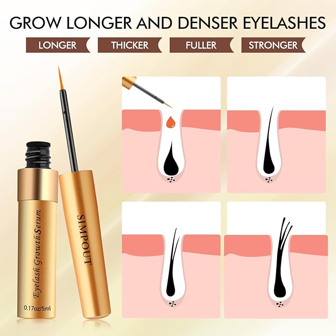Eyelash Serum - Fuller & Longer Looking Eyelashes Lash Enhancing Serum, Voluminous Lengthening Natural Lash Enhancer, Vegan & Cruelty-Free (Gold)