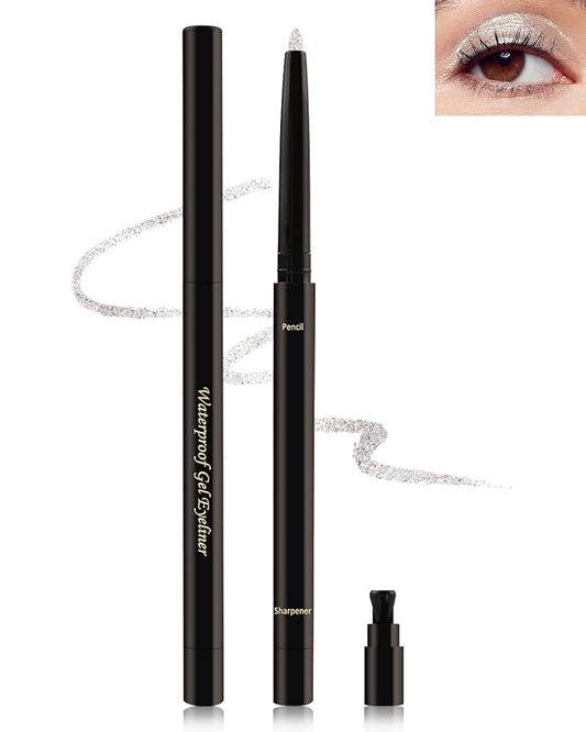 White Glitter Eyeliner Pencil, Waterproof Smudge-Proof Long-Stay Retractable Eyeliner Pen, Cream Gel Eye Liner Waterline with Sharpener, Shimmer Highlighter Brightener Eye Liner Makeup Stick for Women