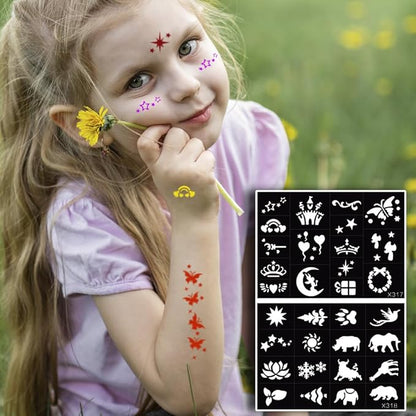 XMASIR 16 Sheets Temporary Tattoos Stencil for Kids, 694P Glitter Tattoo Template + 2P Markers for Girls and Boys Reusable Face Body Paint Stencils Halloween Christmas Birthdays Party Favor (Black)