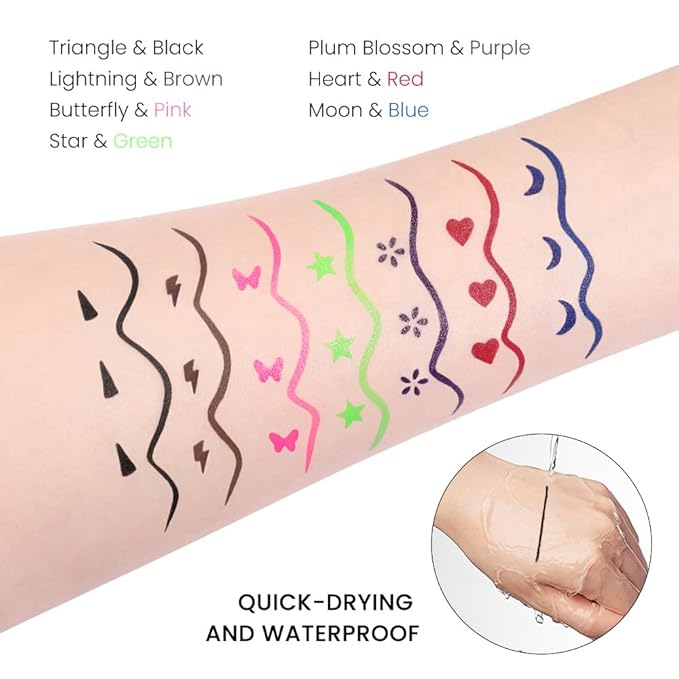 evpct 7Pcs Colored liquid Eye Liners Face Stamp Cosplay Gothic Makeup Set Kit for Beginners, Black Brown Purple Blue Red Pink Green Star Flowers Heart Moon Triangle Lightning Butterfly Stamps Eyeliner