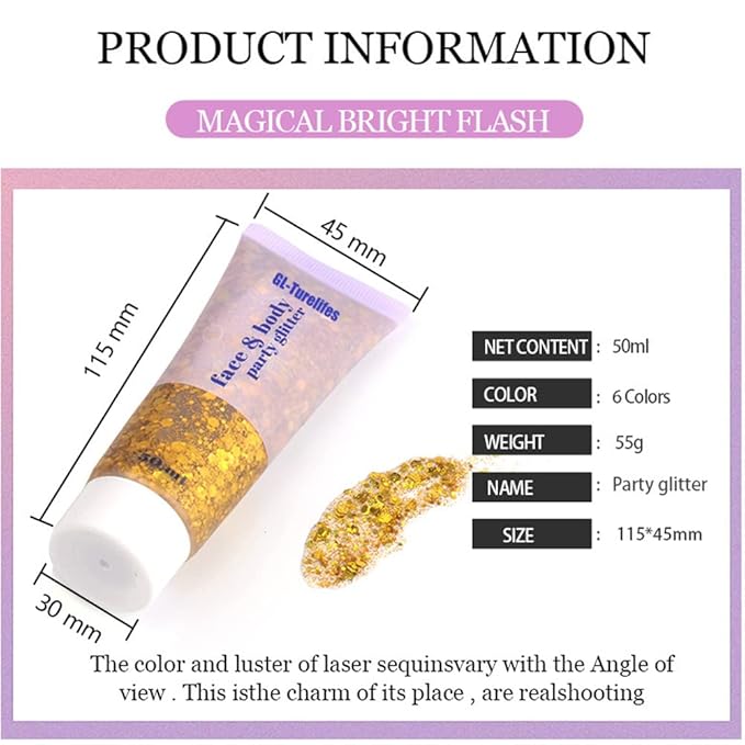 GL-Turelifes Chunky Glitter Gel Glitter Body Gel Festival Glitter Cosmetic Face Hair Nails Makeup Mermaid Sequins Liquid Eyeshadow Long Lasting Sparkling 50ml Easy to Apply, Easy to Remove (#03 Pink)