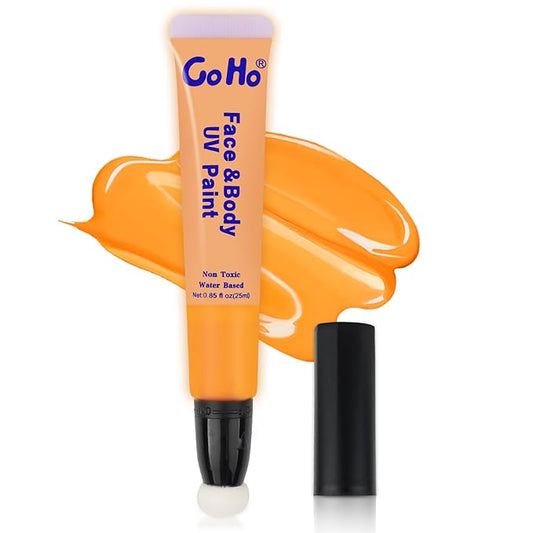 Go Ho UV Blacklight Neon Gold Face Body Paint,Water Based Bright Color Neon Fluorescent Body Paint with Cushion Applicator,Glow In The Dark Under UV Lighting Party Halloween Makeup Washable