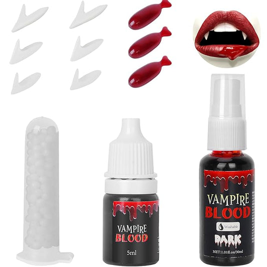 Halloween Vampire Teeth Fangs Makeup and Fake Blood Kit,1 Fake Blood Spray,1 Dripping Blood,3 Fake Blood Capsules and 4 Sizes Fake Teeth for Halloween SFX Cosplay Makeup