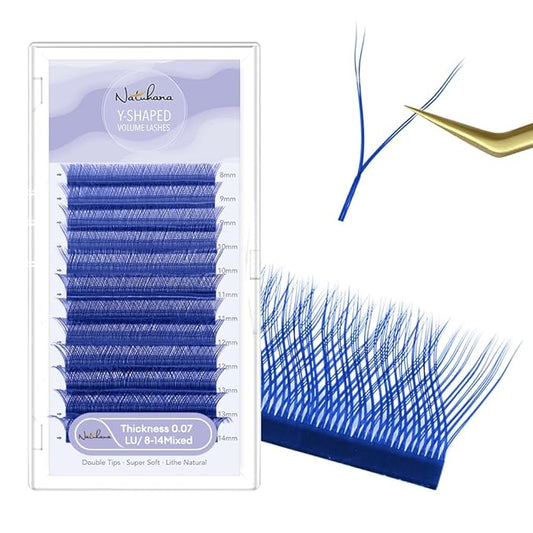 YY Eyelash Extension 0.07mm LU Curl 8-14mm Mixed Tray Lash Supplies Premade Fans Y Shape Volume Lash 12 Rows Premium Faux Mink Lash Extensions (8-14 MIX, Blue;0.07 LU)