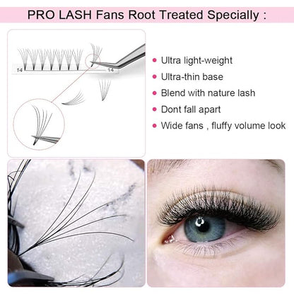 PRO LASHBEAUTY Premade 5D-D-0.10-9 False Eyelash Extensions, Short Stem, Volume Lash, 9 mm, Vegan, Individual