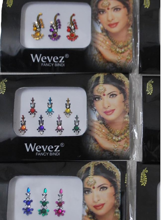 Pack of 6 Multi Color Long Rhinestone Body Glitters Reusable Bindi