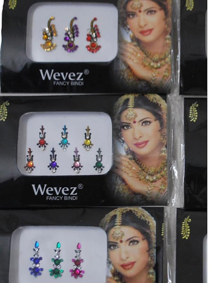 Pack of 6 Multi Color Long Rhinestone Body Glitters Reusable Bindi