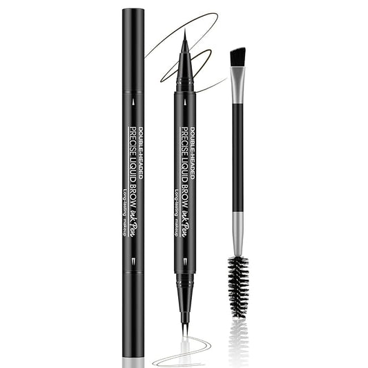 Liquid Eyebrow Pen, 2 in 1 Dual-ended Eyeliner with Micro-Fork-Tip and Precise Brush-Tip, Quick Drying Brow Pencil Eye Liner, Waterproof Eyebrow Kit Create Natural and Glamorous Eye Makeup