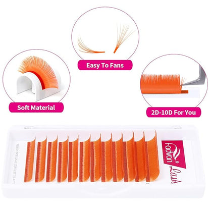 Volume Eyelash Extension 0.07 D Curl 8-14mm Mixed Tray Orange Color Volume Lashes Colored Lash Extensions Easy fan Colored Lashes Rapid Blooming Lashes 2D-20D Use by FADVAN (Orange-D, 8-14mm)
