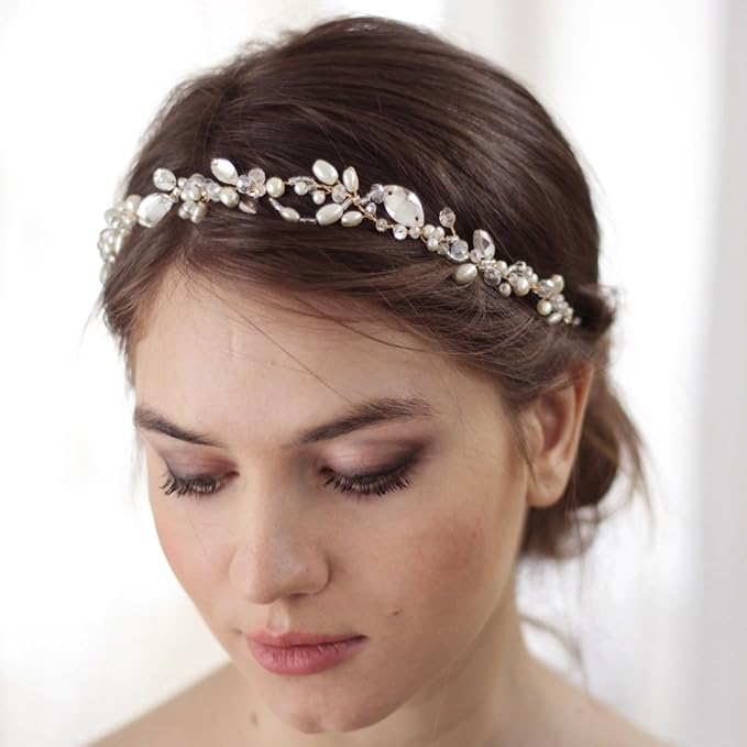 Kercisbeauty Wedding Bridal Headband with Pearl Headpiece for Women Girls Prom Headpiece Vintage Boho Tiara Bridesmaid Hair Accessories(Silver)