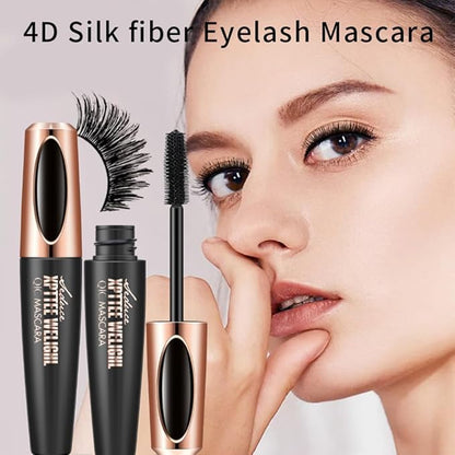 2 Pack 4D Silk Fiber Lash Mascara, Waterproof Smudge-proof Long Lasting Black Mascara, Lengthening Thickening Curling Natural Eyelash Primer with Silicone Brush Head
