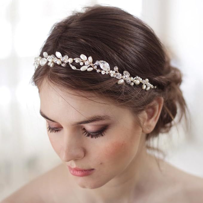 Kercisbeauty Wedding Bridal Headband with Pearl Crystal Headpiece for Women Girls Prom Headpiece Vintage Boho Tiara Bridesmaid Hair Accessories (Rose Gold)