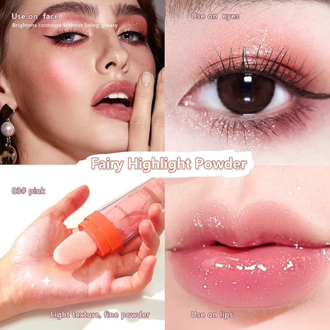 Ibcccndc Polvo De Hadas Fairy Highlight Patting Powder Highlighter Body Glitter for Face Hair Eye Lip and Body,Make Up for Prom, Festival Rave, Stage Makeup (Pink)
