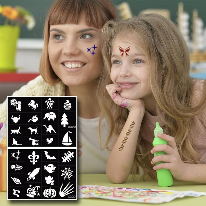 XMASIR 16 Sheets Temporary Tattoos Stencil for Kids, 694P Glitter Tattoo Template + 2P Markers for Girls and Boys Reusable Face Body Paint Stencils Halloween Christmas Birthdays Party Favor (Black)