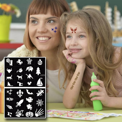 XMASIR 16 Sheets Temporary Tattoos Stencil for Kids, 694P Glitter Tattoo Template + 2P Markers for Girls and Boys Reusable Face Body Paint Stencils Halloween Christmas Birthdays Party Favor (Black)