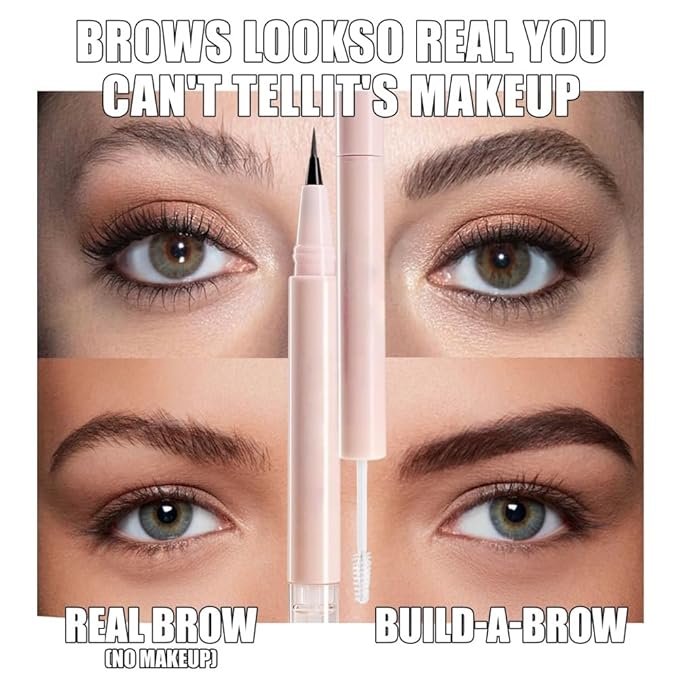 Waterproof Eyebrow Pencil with Fine Tip, 2-in-1 Brow Pen and Sealing Brow Gel, Smudge-Proof, Lightweight and Non-clumping, Eyeliner, Hairline Pencil (Brown)