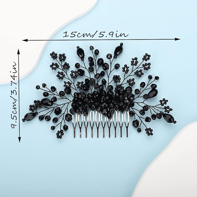 Kercisbeauty Tiny Cute Black Beads Flower Hair Comb Wedding Bridal Handmade Dainty Hair Accessories Headpiece for Women Girls Prom Jewelry