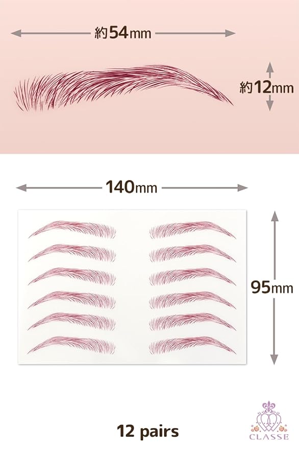 CLASSE Waterproof Eyebrow Tattoo Sticker, Colored for Cosplay, 12pair 4D Hair-Like temporary sticker on eyebrows, No water needed, peel off Painfuless, Simple Arch PK01 Pink
