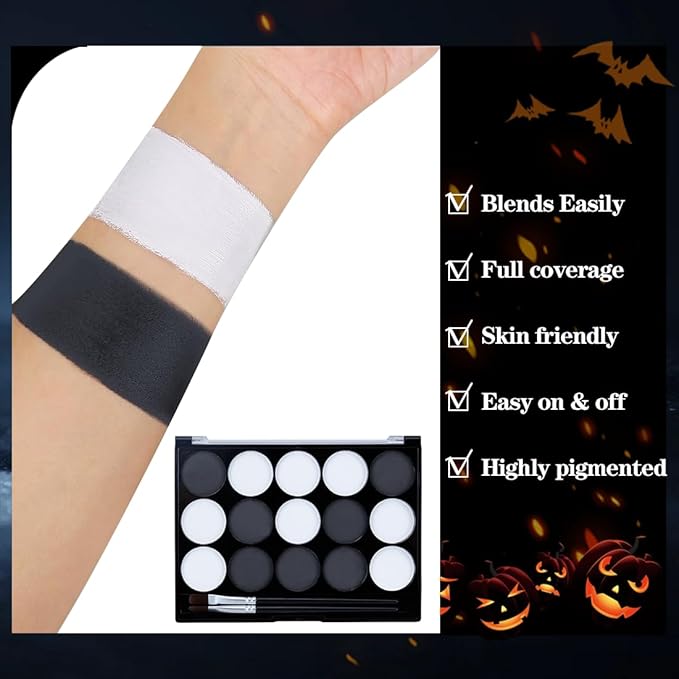 Black White Face Body Paint Kit with Brushes for Art Theater Halloween Party Cosplay Clown Sfx Makeup for Adult, Pro Water Activated Face Body Paint Washable Zombie Skeleton Makeup Kit (15 Colors)