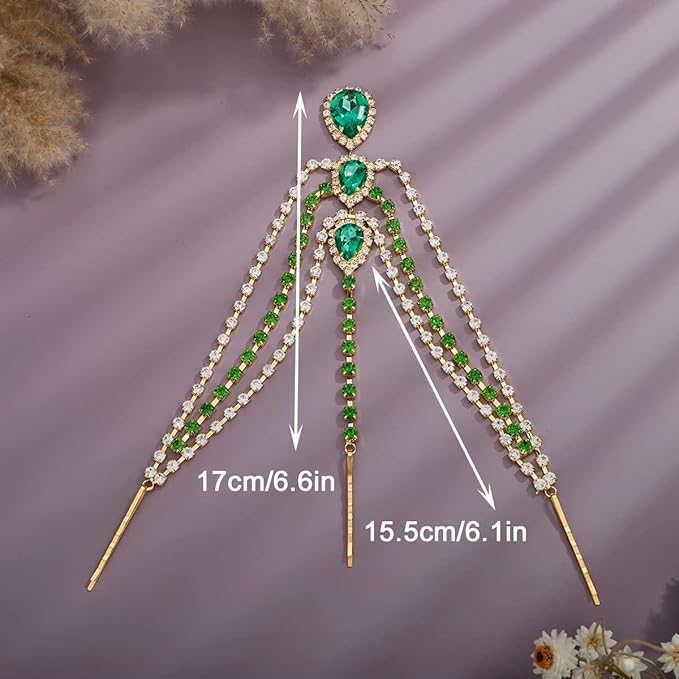 Xerling Green Crystal Pendant Head Chain Boho Layered Rhinestones Forehead Headpiece Tassel Head Jewelry for Women Wedding Hair Clip Accessories for Brides (Green-Gold)