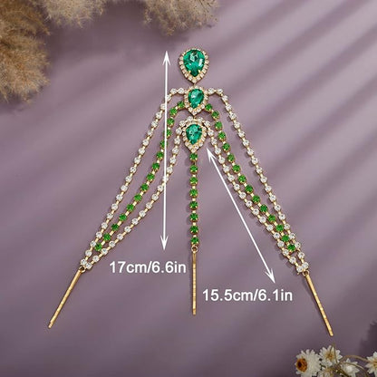 Xerling Green Crystal Pendant Head Chain Boho Layered Rhinestones Forehead Headpiece Tassel Head Jewelry for Women Wedding Hair Clip Accessories for Brides (Green-Gold)