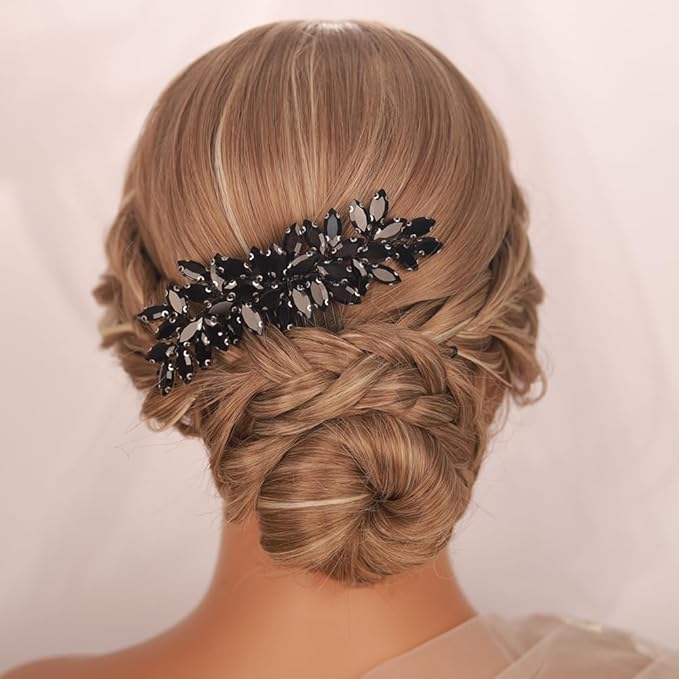 Kercisbeauty Wedding Bridal Black Rhinestones Beads Hair Comb Side Hair Jewelry for Prom Party Halloween Handmade Side Headpiece