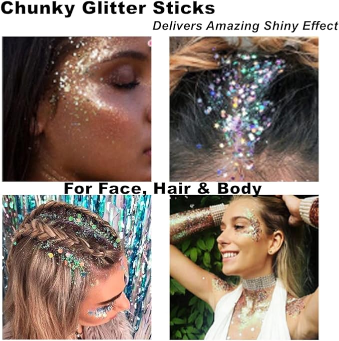 Mysense Gold Body Glitter Stick,Face Hair Glitter Makeup,Music Festival Concert Outfit Rave Pride Accessories for Women,Mermaid Sequins Chunky Glitter Face Paint,Hair Glitter Gel for Kids,0.56oz
