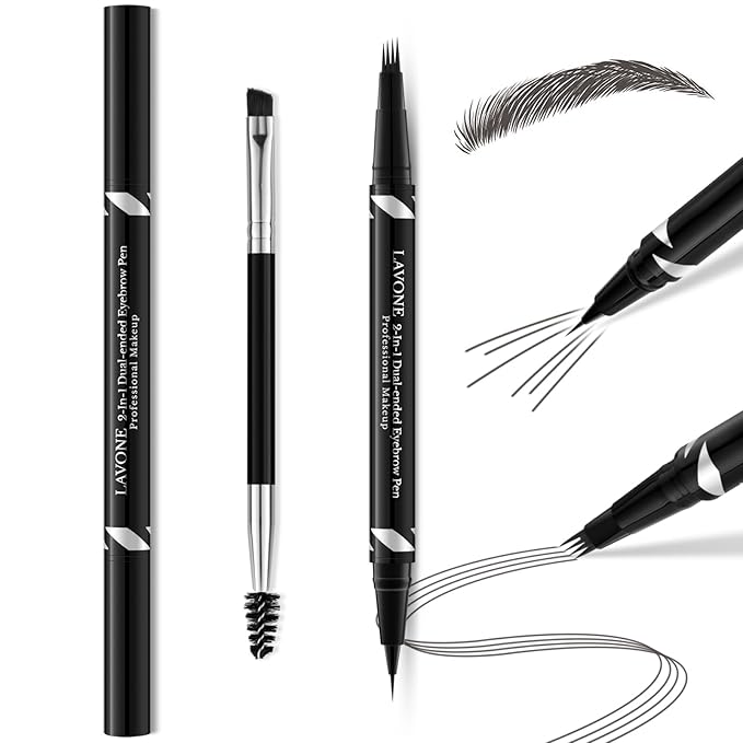 LAVONE 2-IN-1 Dual-ended Waterproof Eyebrow Pencil, 4 Tip Microblading Pen & Ultra-Precise Brow Pencil, Dual-ended Eyebrow Brush, Natural-Looking Dark Grey
