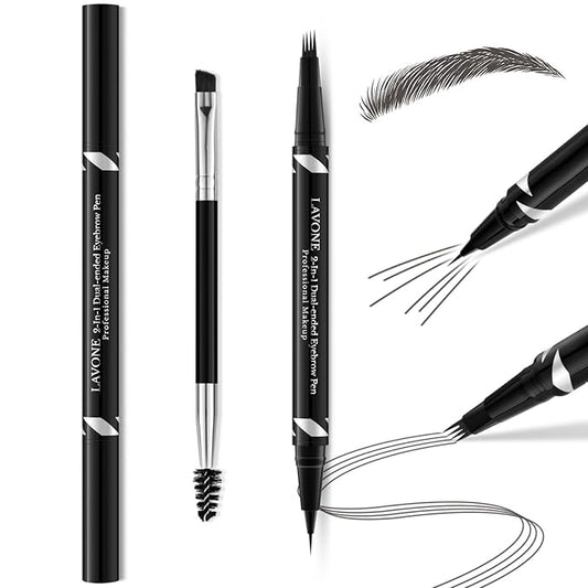 LAVONE 2-IN-1 Dual-ended Waterproof Eyebrow Pencil, 4 Tip Microblading Pen & Ultra-Precise Brow Pencil, Dual-ended Eyebrow Brush, Natural-Looking Dark Grey
