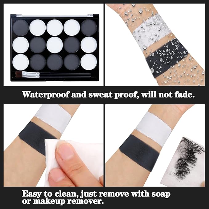 Black White Face Body Paint Kit with Brushes for Art Theater Halloween Party Cosplay Clown Sfx Makeup for Adult, Pro Water Activated Face Body Paint Washable Zombie Skeleton Makeup Kit (15 Colors)