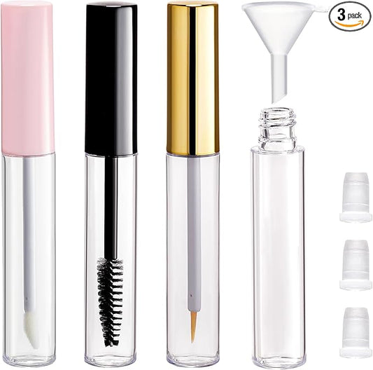 YITOU 3PCS 10ml Empty Mascara Tube and Wand, Refillable Lip Gloss Tubes with Brush, Eyeliner Tube with Rubber Inserts, Cosmetic Container kit for DIY Castor Oil Lip Gloss