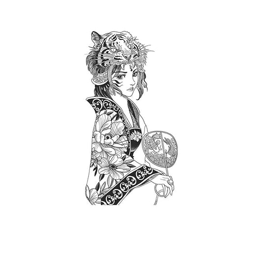 Semi Permanent Tattoos,Ancient Woman With A Tiger Ornament A Fan - K161 Design,Waterproof,Easy-to-Apply,Long Lasting 1-2 Weeks, Plant-Based,Women Tattoos
