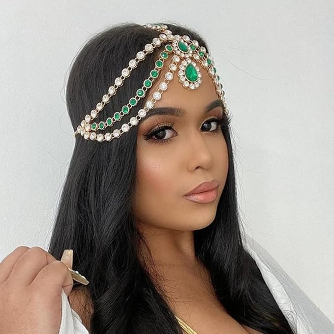 Xerling Green Crystal Pendant Head Chain Boho Layered Rhinestones Forehead Headpiece Tassel Head Jewelry for Women Wedding Hair Clip Accessories for Brides (Green-Gold)