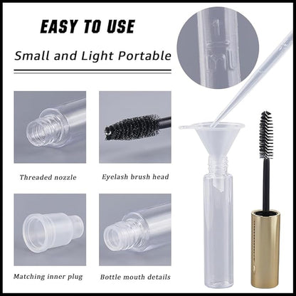 GORGECRAFT 10Pcs 10ml Empty Mascara Tube Bottle Transparent Plastic Eyelash Wand Containers Bottles with Rubber Inserts 4Pcs 2ml Dropper 2Pcs Mini Funnel Hopper for Castor Oil DIY Cosmetics Kit Gold