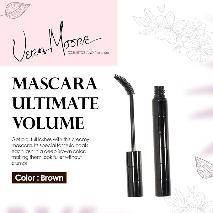 Vera Moore Mascara for Ultimate Volume & Long Lashes, Telescopic & Tubing Options, High-Definition Finish, Smudge-Proof, All-Day Wear, Easy Removal (Brown, 0.28 oz)