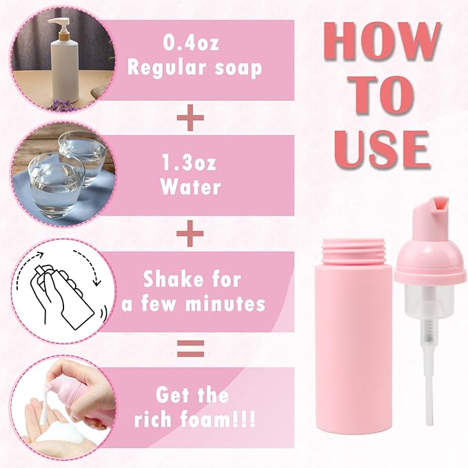 52PCS Lash Shampoo Bottles Brushes Set, 10pcs Foam Pump Dispenser, Lash Cleaning Brush, Eyelash Extension Tube Brush, Instructions Cards, Lash bags, 2pcs Eyelash Stickers for Business Clients (pink)