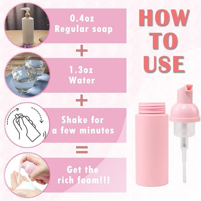 52PCS Lash Shampoo Bottles Brushes Set, 10pcs Foam Pump Dispenser, Lash Cleaning Brush, Eyelash Extension Tube Brush, Instructions Cards, Lash bags, 2pcs Eyelash Stickers for Business Clients (pink)