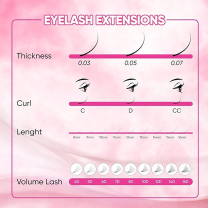 Loose Promade Fans - Natural Look Handmade Volume Eyelashes From 3D To 16D - C CC D DD Curl - False Lashes Extensions - Thickness 0.03~0.1 mm - 8~20 mm Length (14D-0.03-CC (14mm))