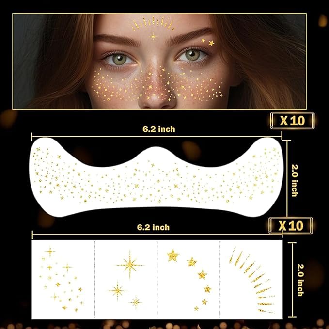 50 Pcs Makeup Patches,Gold-Face Glitter Speckles Patches,Glitter Freckles Face Tattoo, Sparkle Makeup Patches,Glow Up Makeup Patches,Waterproof Face Glitter Speckles Patches for Helloween (Gold)