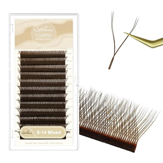 YY Eyelash Extension 0.07mm LU Curl 8-14mm Mixed Tray Lash Supplies Premade Fans Y Shape Volume Lash 12 Rows Premium Faux Mink Lash Extensions (8-14 MIX, Brown;0.07 LU)