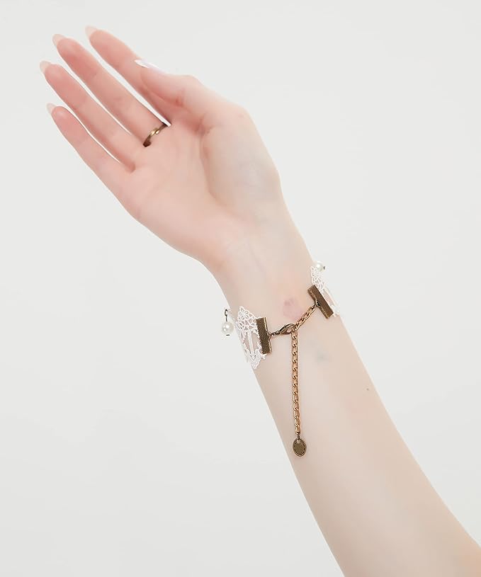 Gothic Pearl Lace Steampunk Wristband Vintage Pearl Pendant Tassel Lace Hand Chain with Finger Ring Lolita Lace Hand Accessories for Women and Girls (Style 3)