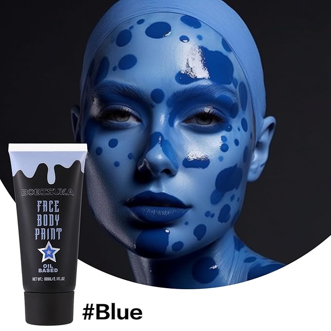 BOBISUKA Blue Face Body Paint, Oil-based Cream Painting Kit, Blendable Facepaint for Halloween Avatar Smurf Mystique Cosplay, Costume, Parties, Stage, Theater, SFX Special Effect Makeup（2.1 Fl.oz）