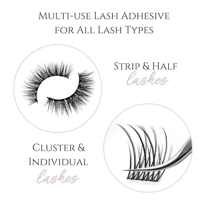 Gentle Formula Lash Glue - 24 Hour Hold - Cluster Strip False Lash Extension Eyelash Glue - Soothing Aloe Lash Adhesive - Dries Clear - Water Resistant