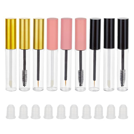 NICENEEDED 9 Pcs 10ml Empty Mascara Tube and Wand with Eyeliner Tube, Eyelash Eyeliner Lip Gloss Tube, Refillable Mascara Container Eyeline Plastic Container Bottle with Rubber Inserts, 3 Colors