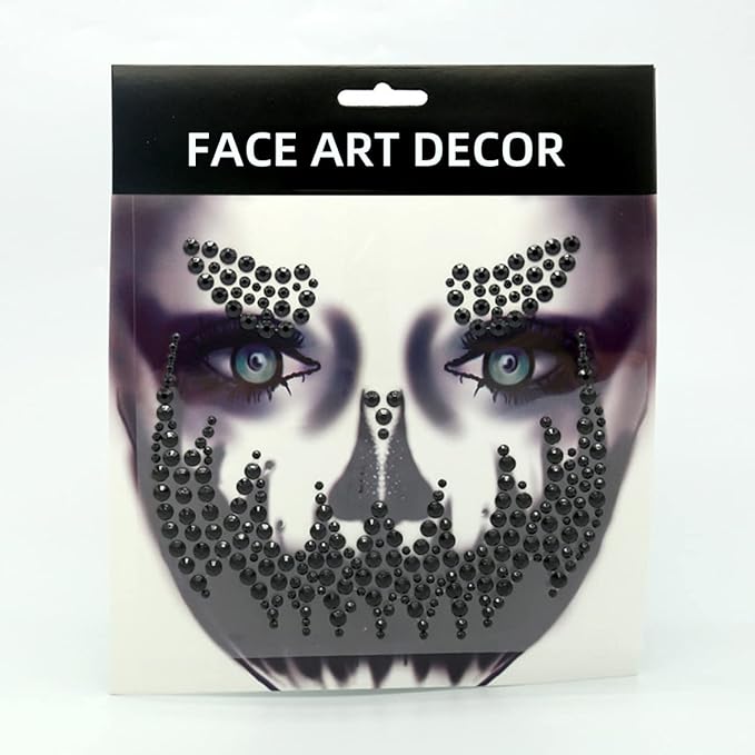 Day of the Dead Face Gems Jewels Tattoos Halloween Face Temporary Skull Tattoos Rhinestone Crystal Stones Body Gems Makeup Stickers DIY Self Adhesive for Women and Girls 2Pcs