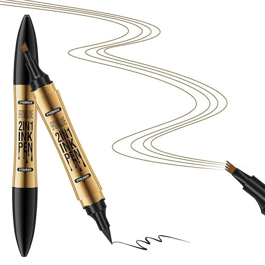 2 in 1 Magic Eyebrow Pencil, 3D Microblading Eyebrow Tattoo Pencil with Eyeliner, Double Head Waterproof Makeup Tools (Light Brown)